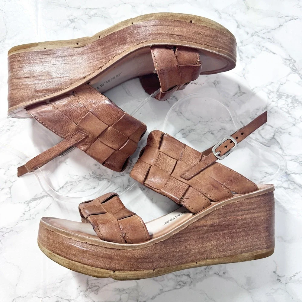 A.S. 98 Nasser Woven Tan Brown Leather Platform Wedge Sandals Women's Size 40